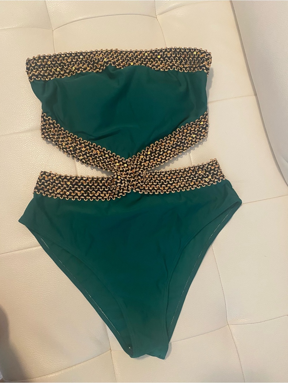 Emerald Green Cutout One-Piece Swimsuit with Gold-Black Trim